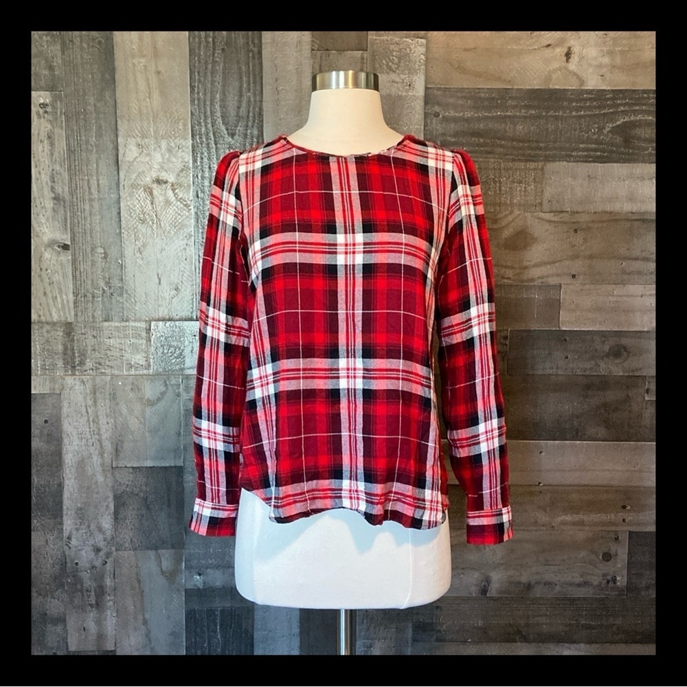 LOFT red plaid long sleeve shirt XSmall festive Christmas holiday party winter